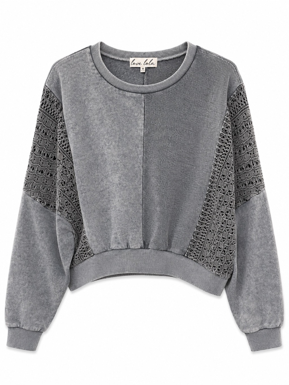 Love Lola Gray Crochet-Panel Crewneck Sweater